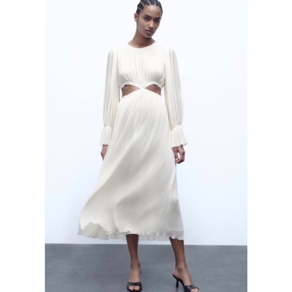 Zara Cutout Pleated Midi Dress Medium Ivory Cream Long Sleeve Flowy Cottagecore - Picture 14 of 15